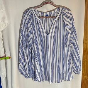Striped Blue and White Peasant Blouse - Women’s 3X, 100% Cotton